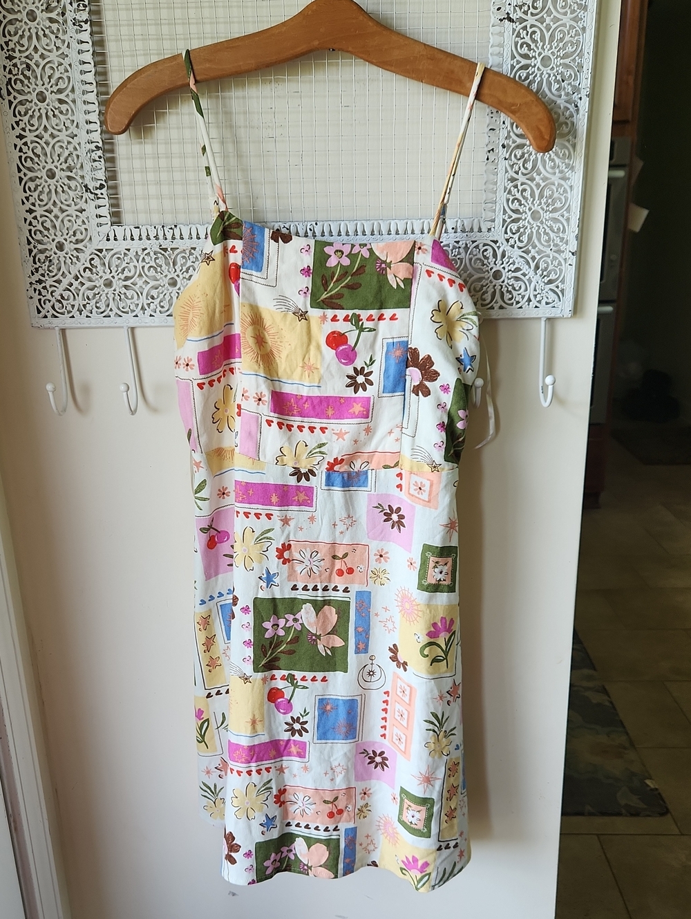 Monteau sz S Linen Blend Patchwork Sundress Floral Stars Cherries